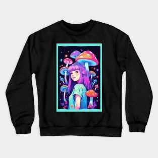 Anime Girl with mushrooms neon design Crewneck Sweatshirt